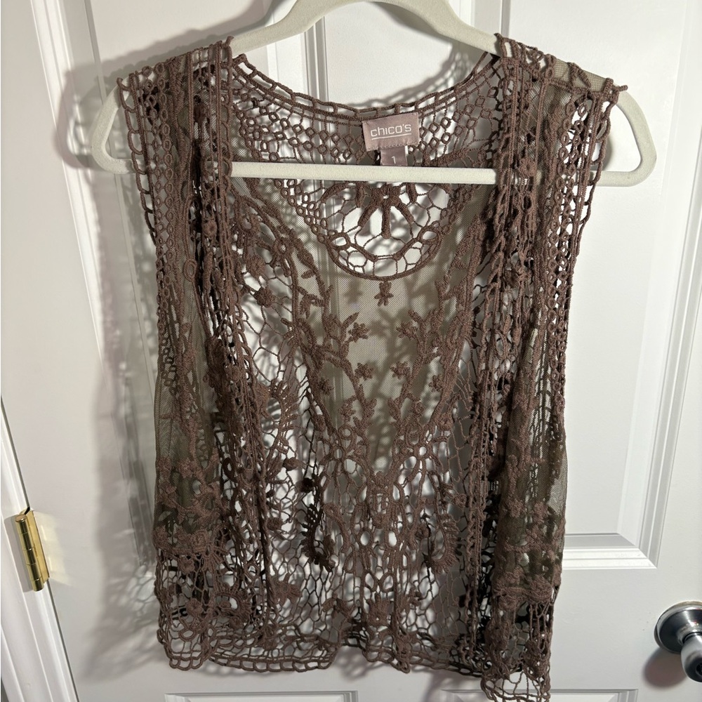 Chico's Elegant Brown Crochet Lace Boho Festival Vest